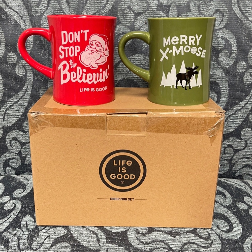Life is Good Christmas Santa/Moose Mug Set New